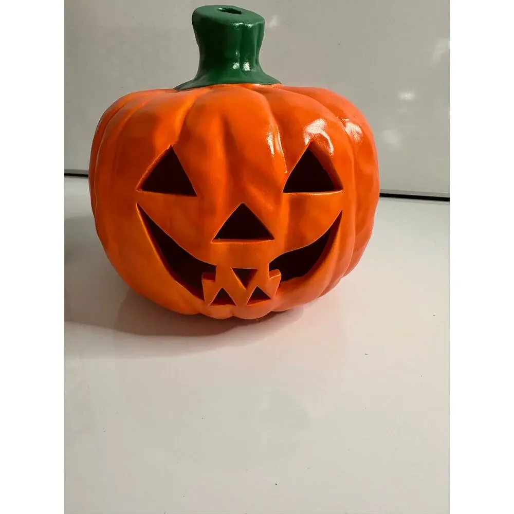 Vintage New Halloween Ceramic Pumpkin Jack O' Lantern smiley candle tealight - Picture 2 of 8